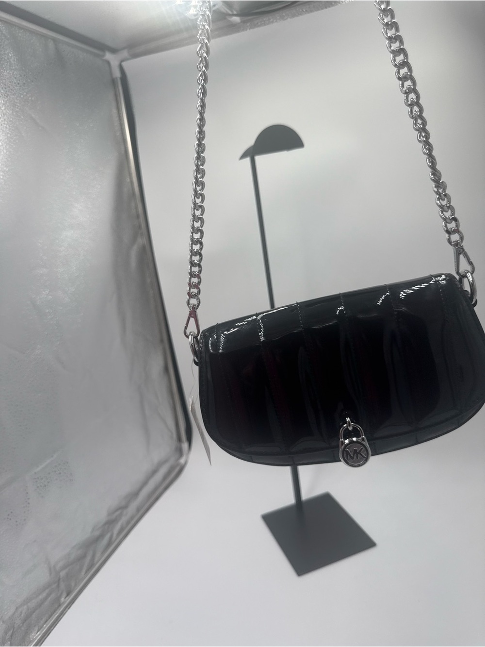 Michael Kors Black Patent Quilted Crossbody Bag with Silver Chain NWT - Picture 14 of 15